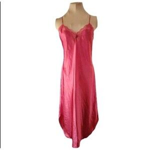 Vintage Amelia’s Fuchsia Satin Slip Lace Trim Nightgown 80s 90s Lingerie Medium